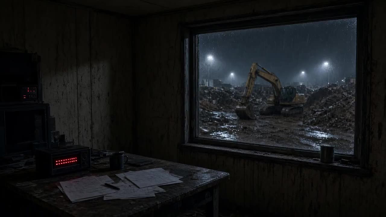 Empty site cabin at night. Training footage.